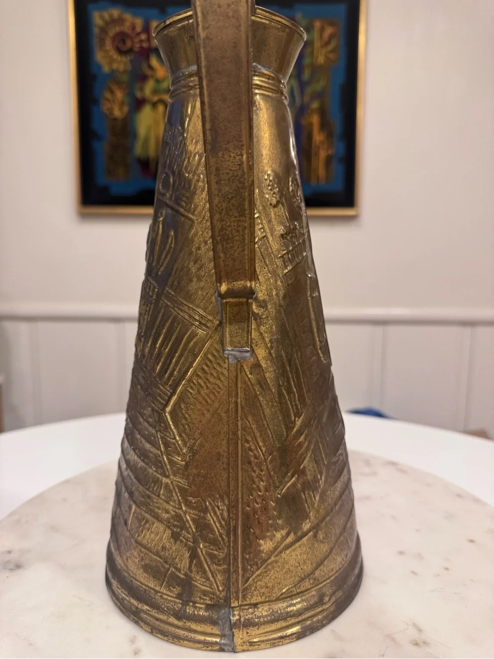Brass-Tone Embossed Decorative Pitcher